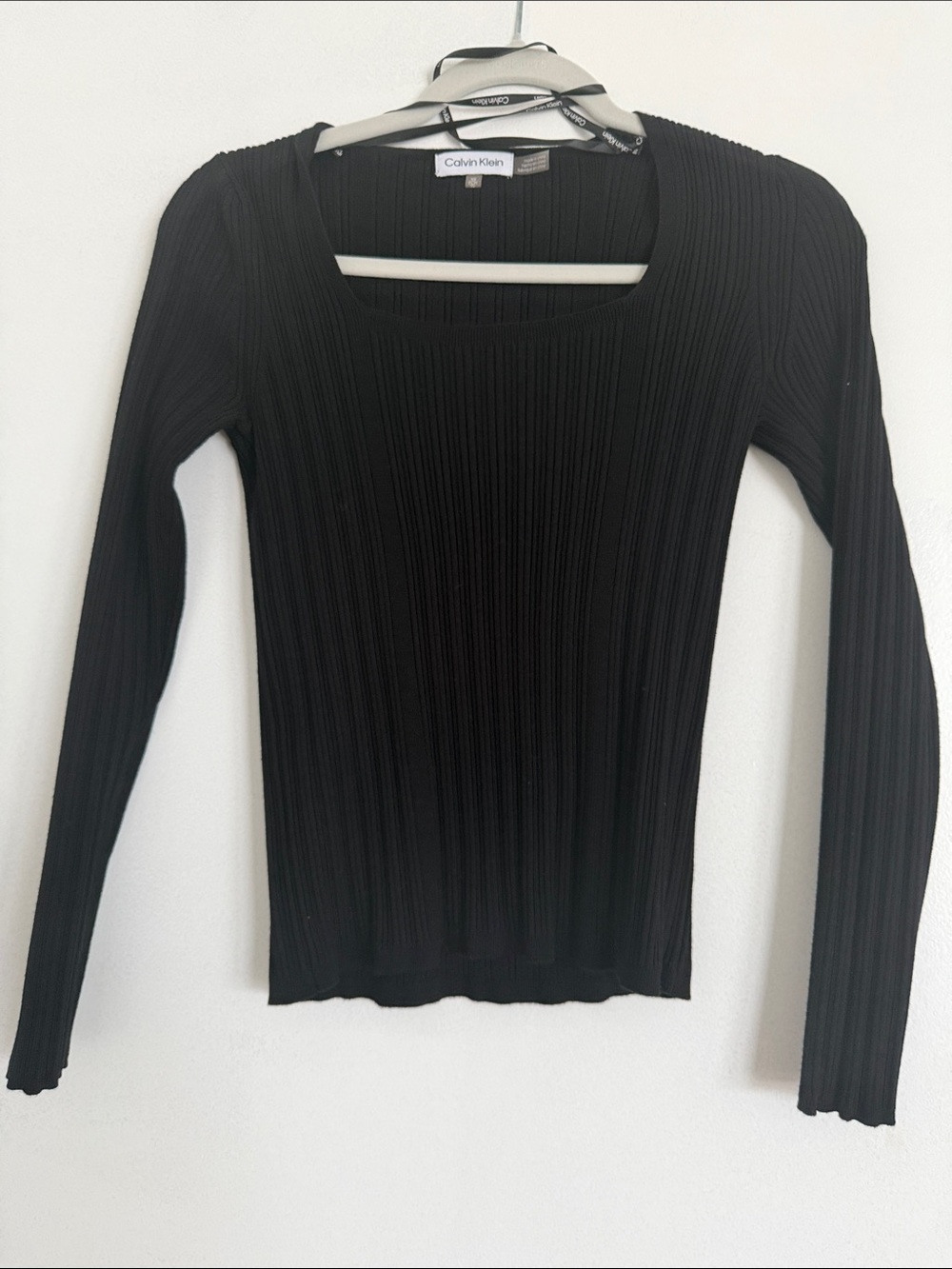 Calvin Klein Black Ribbed Square-Neck Long Sleeve Top
